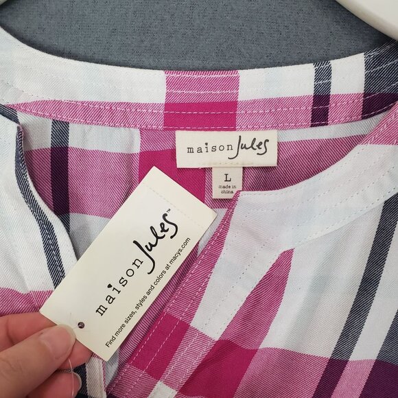 NWT MAISON JULES Womens Blouse SZ L Plaid Long Bell Sleeves Pink Lightweight - Picture 6 of 10